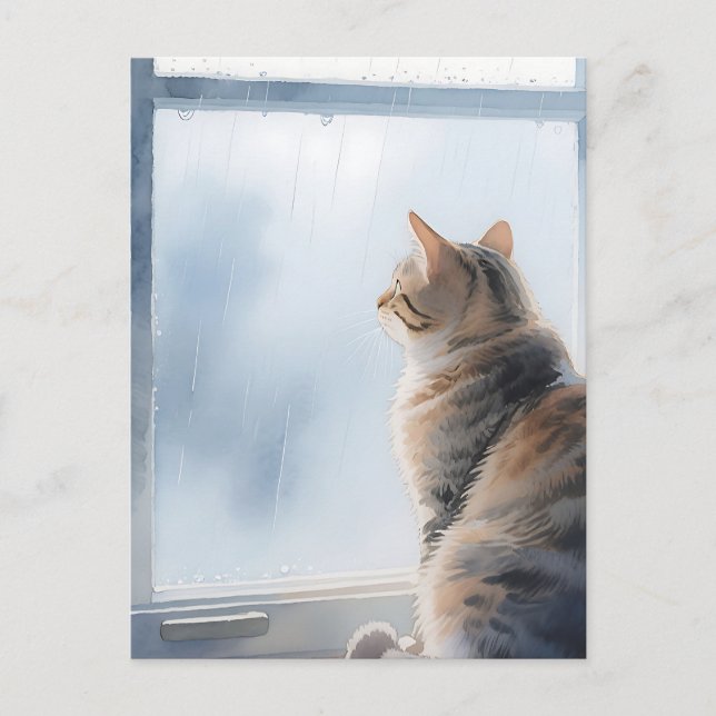 Postal Gato Tabby de Acuarela Ventana Lluviosa (Anverso)
