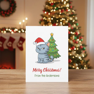 Postal Gato Tabby Gris Gruñón Sombrero Rojo Árbol de Navi