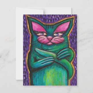 Postal Gato teal femenino en pastel al óleo sobre fondo p
