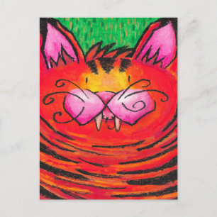 Postal Gato Tigre Feliz y Lindo en Pastel al Óleo sobre V