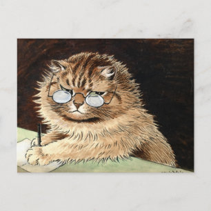 Postal Gato trabajando con gafas de Louis Wain
