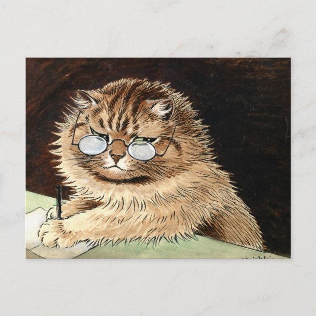 Postal Gato trabajando con gafas de Louis Wain (Anverso)