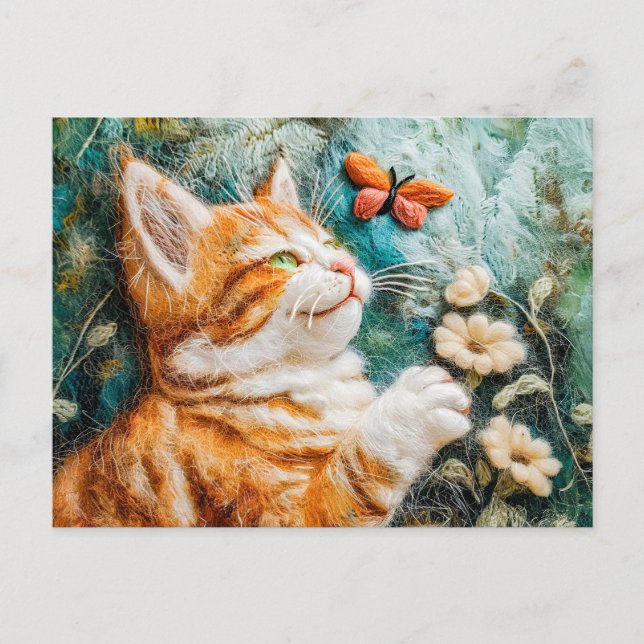 Postal Gato tratando de atrapar una mariposa en un prado  (Anverso)
