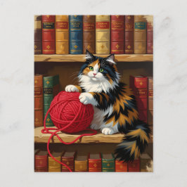 Postal Gato Tricolor Jugando Con Hilo En Una Estantería