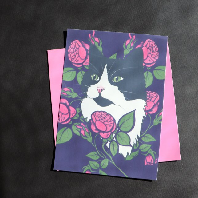 Postal Gato Tuxedo Peony Arte Floral Tuxie Cat (Subido por el creador)
