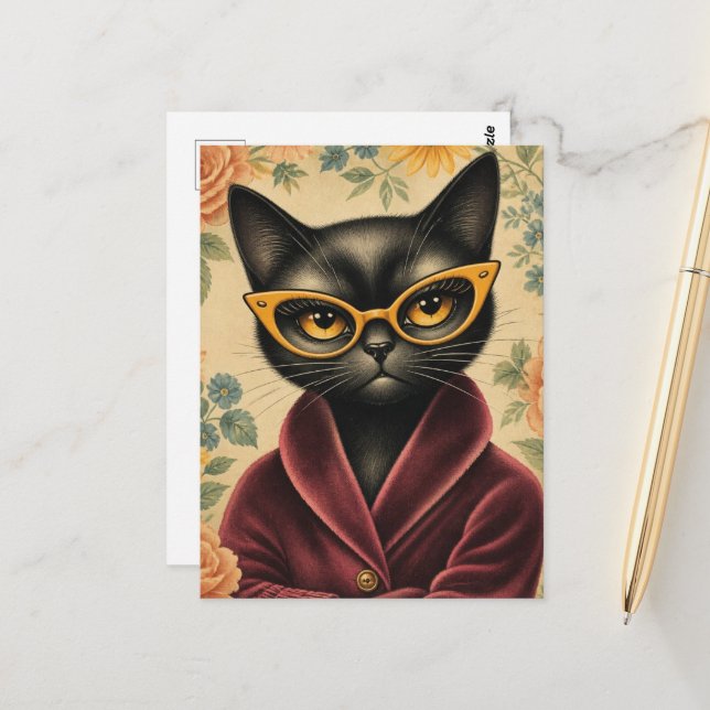 Postal Gato único en bata y gafas (Anverso/Reverso In Situ)