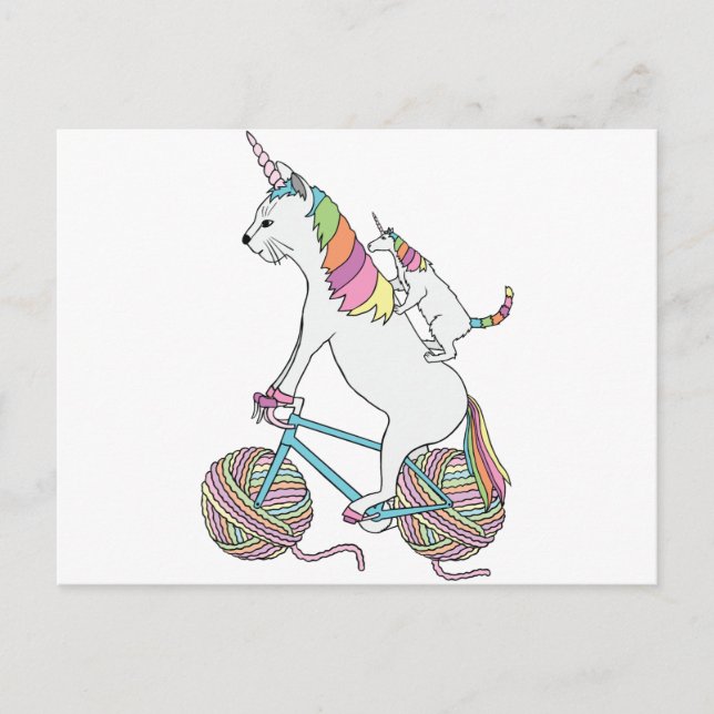 Postal Gato Unicornio Montando Gato Unicornio En Biciclet (Anverso)