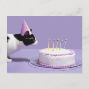 Postal Gato usando gorra de cumpleaños soplando velas