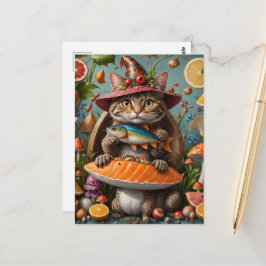 Postal Gato vampiro divertido con un pez en un hongo