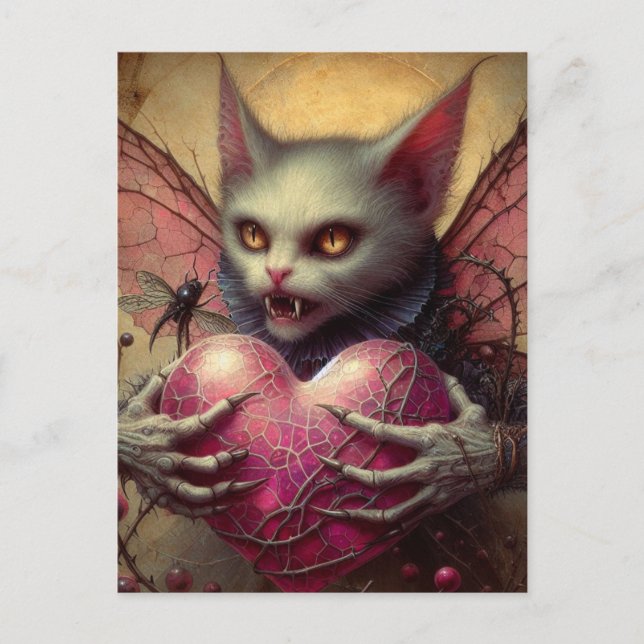 Postal Gato Vampiro hada corazón rosado rompe (Anverso)