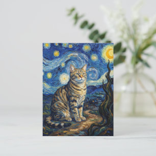 Postal Gato Van Gogh Noche Estrellada Arte Impresionista