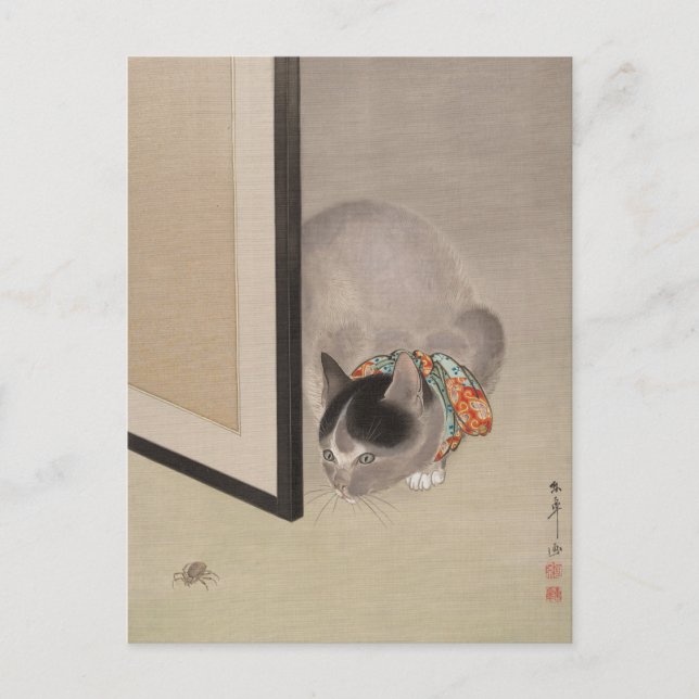 Postal Gato viendo una araña | Oide Tōkō (Anverso)
