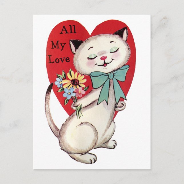 Postal Gato Vintage Con Flores Valentine (Anverso)