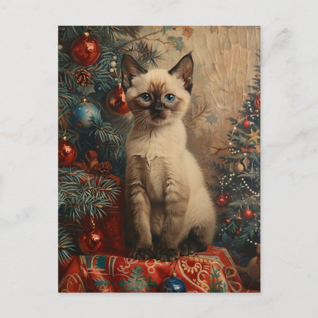 Postal Gato vintage de los Navidades de gatito siameses (Anverso)