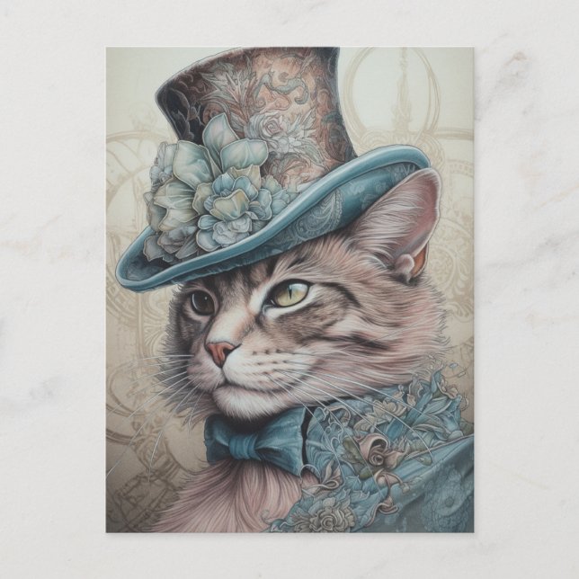 Postal Gato vintage de Steampunk con traje azul (Anverso)