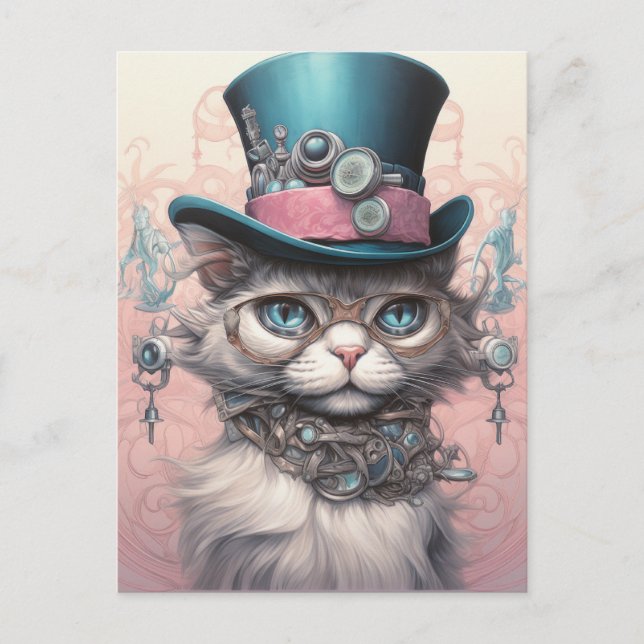 Postal Gato vintage de Steampunk en Tophat azul (Anverso)
