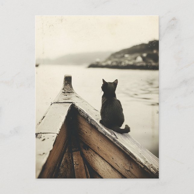 Postal Gato vintage en barco Sepia Tone (Anverso)