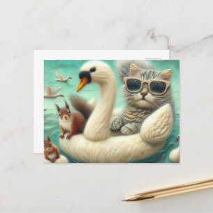 Postal Gato y ardillas robados Barco cisne