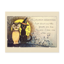 Gato y búho amistosos de Halloween vintage de prin