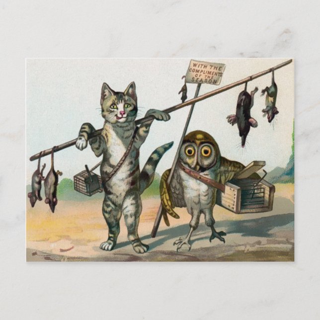 Postal Gato y búho victorianos de época (Anverso)