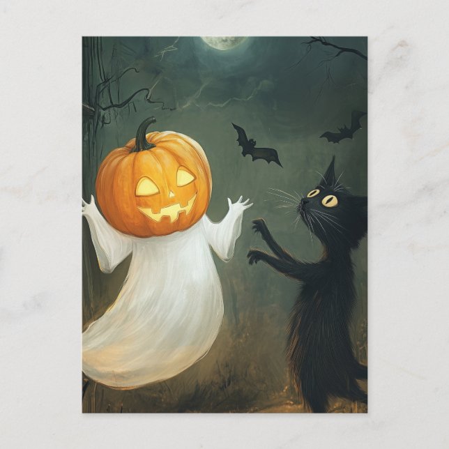 Postal Gato y fantasma de Halloween (Anverso)