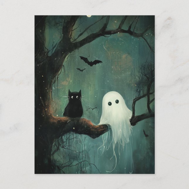 Postal Gato y fantasma de Halloween (Anverso)