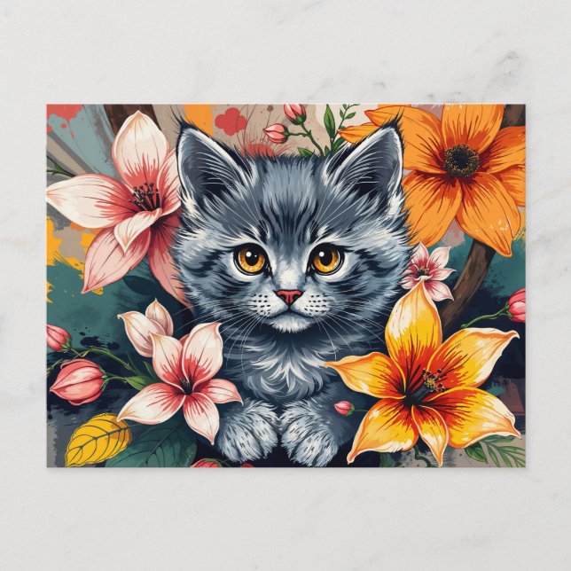 Postal Gato y flores (Anverso)