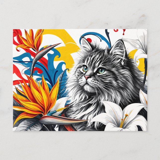 Postal Gato y flores (Anverso)