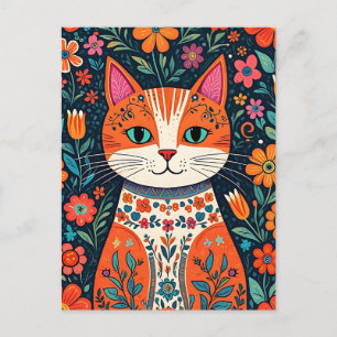 Postal Gato y flores de arte folclórico caprichosos
