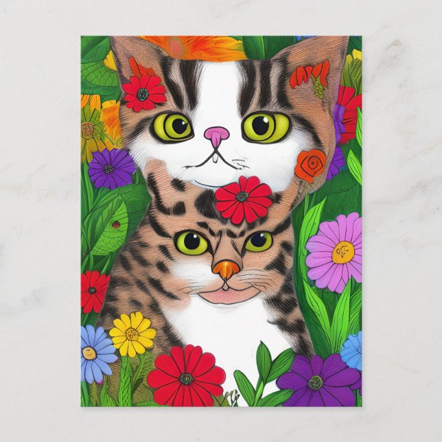 Postal Gato y flores de arte folclórico caprichosos (Anverso)