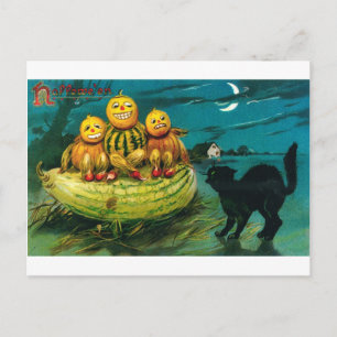 Postal Gato y gente de Halloween