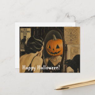 Postal Gato y mujer vintage de Halloween con Jackolantern