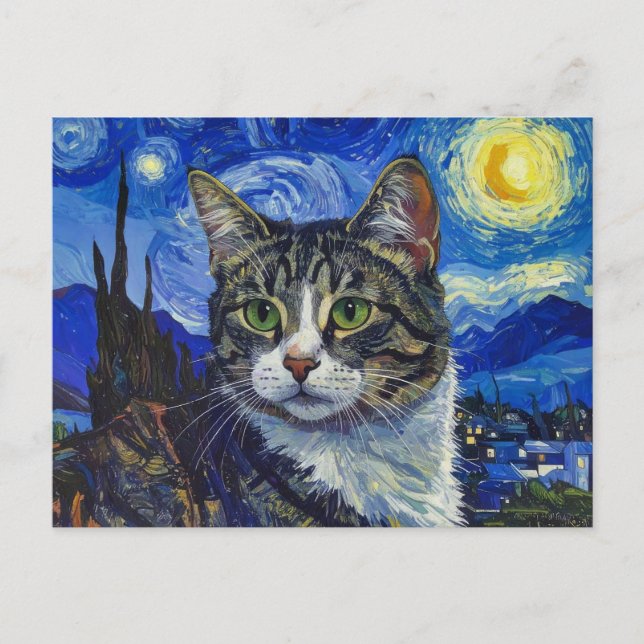 Postal Gato y noche estrellada (Anverso)