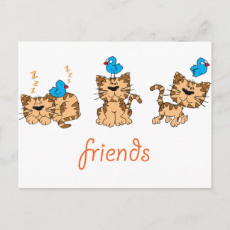 Postal Gato y pájaro - amigos