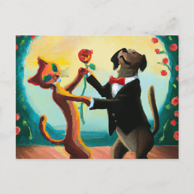 Postal Gato y perro bailando tango en Dance Club, arte de (Anverso)
