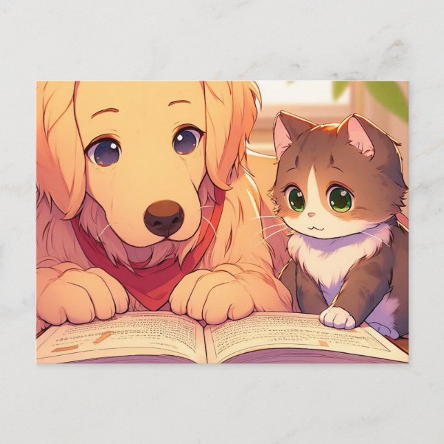 Postal Gato y perro leyendo un libro (Anverso)