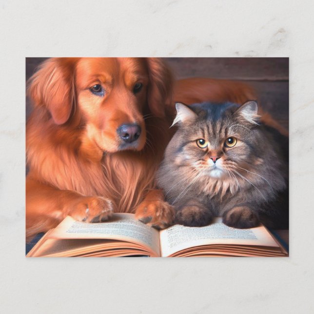 Postal Gato y perro leyendo un libro (Anverso)