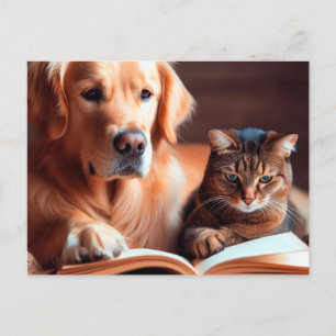 Postal Gato y perro leyendo un libro