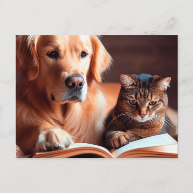 Postal Gato y perro leyendo un libro (Anverso)