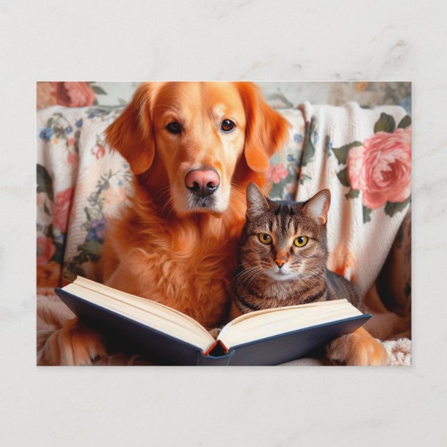 Postal Gato y perro leyendo un libro (Anverso)