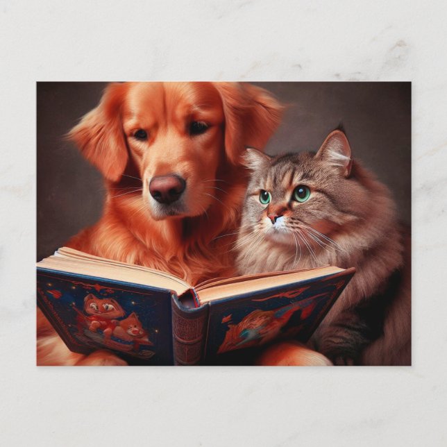 Postal Gato y perro leyendo un libro (Anverso)