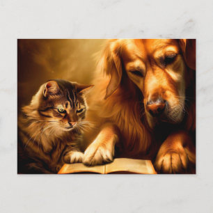 Postal Gato y perro leyendo un libro