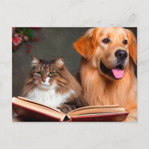 Postal Gato y perro leyendo un libro