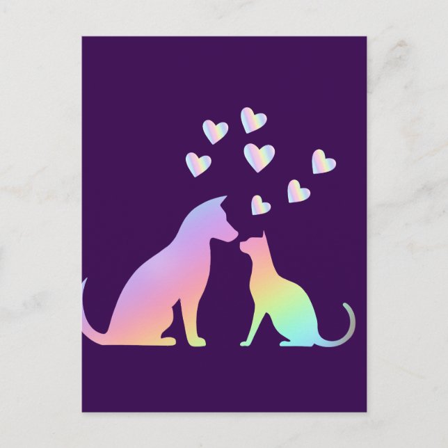 Postal Gato y Perro Silueta de Arcoíris Adorable Amor Púr (Anverso)