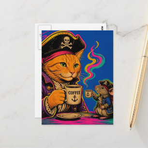Postal Gato y ratón pirata adorables con café