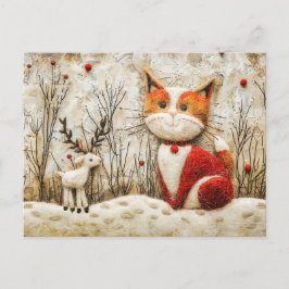Postal Gato y Reno de Invierno Hecho en Técnica de Fieltr
