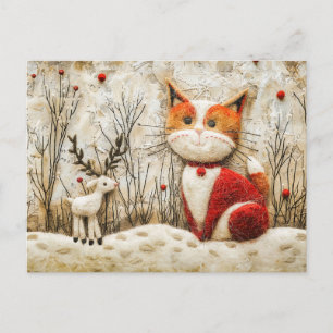 Postal Gato y Reno de Invierno Hecho en Técnica de Fieltr
