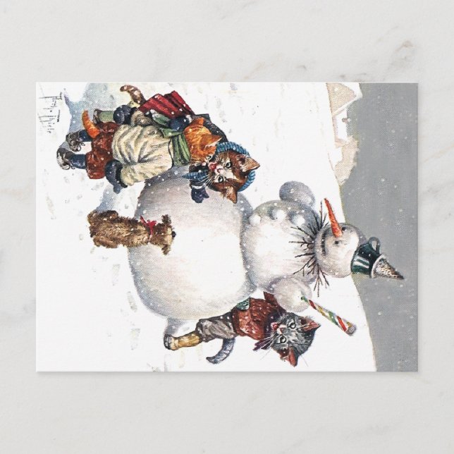Postal Gatos adorables construyendo un muñeco de nieve (Anverso)