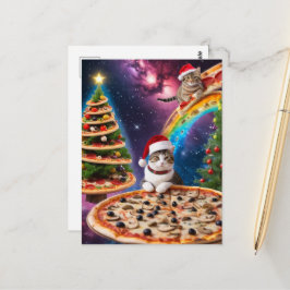 Postal Gatos adorables de pizza de Navidad