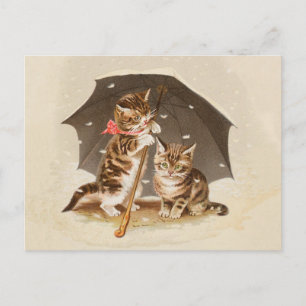 Postal Gatos antiguos bajo paraguas arte de gato antiguo